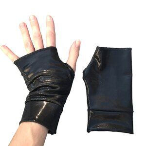 Black Fingerless Gloves Holographic Arm Cuffs Oil Slick Wet Look Cosplay Costume
